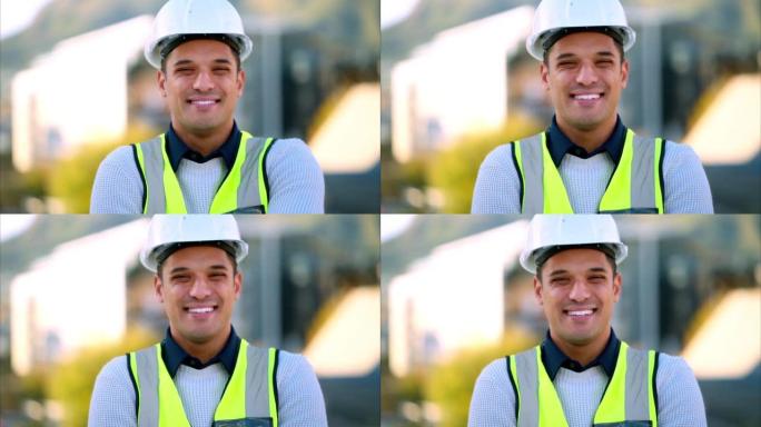 笑脸，头盔或房地产视野的建筑工人，建筑工人或建筑师工程师的微笑肖像。工程员工、设计师领导者或建筑属性