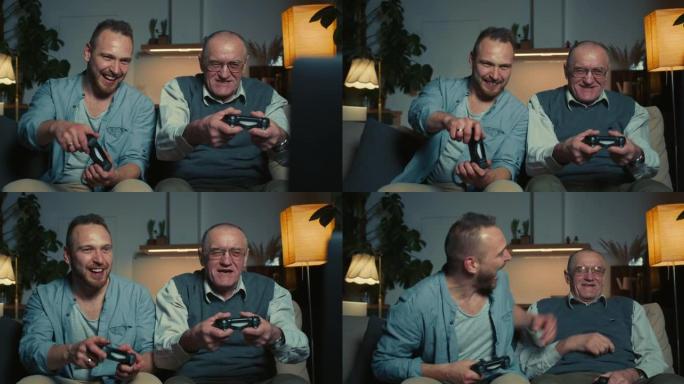 快乐的70多岁老人在沙发上用操纵杆和年轻的成年儿子在家里玩有趣的游戏机。