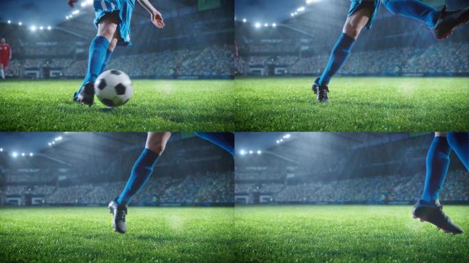 足球世界锦标赛: 足球运动员奔跑，踢球。球射，草向外喷，体育场观众欢呼雀跃。摄像机以弧形超慢动作移动
