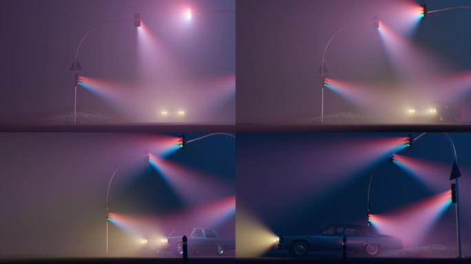 汽车在五彩缤纷的交通信号灯照亮的雾蒙蒙的道路上行驶。神秘的汽车。雾中的汽车。神秘的心情。黑暗中的汽车