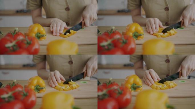 女人手工准备蔬菜沙拉在餐桌上切碎有机胡椒的特写