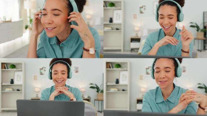 视频通话，笔记本电脑和wave，戴着耳机和微笑的黑人妇女在办公室在线聊天。网络研讨会的技术，沟通和连