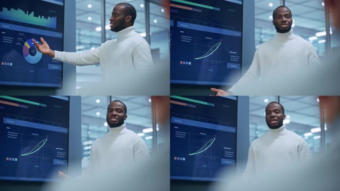 多元化办公产品展示: 成功的黑人数字企业家使用电视屏幕与大数据，统计，谈论公司增长，与投资者，经理，