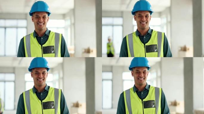 领导，微笑或快乐的建筑工人肖像，以在施工现场获得管理或工程成功。安全帽或发展愿景方面的物流、领导者或