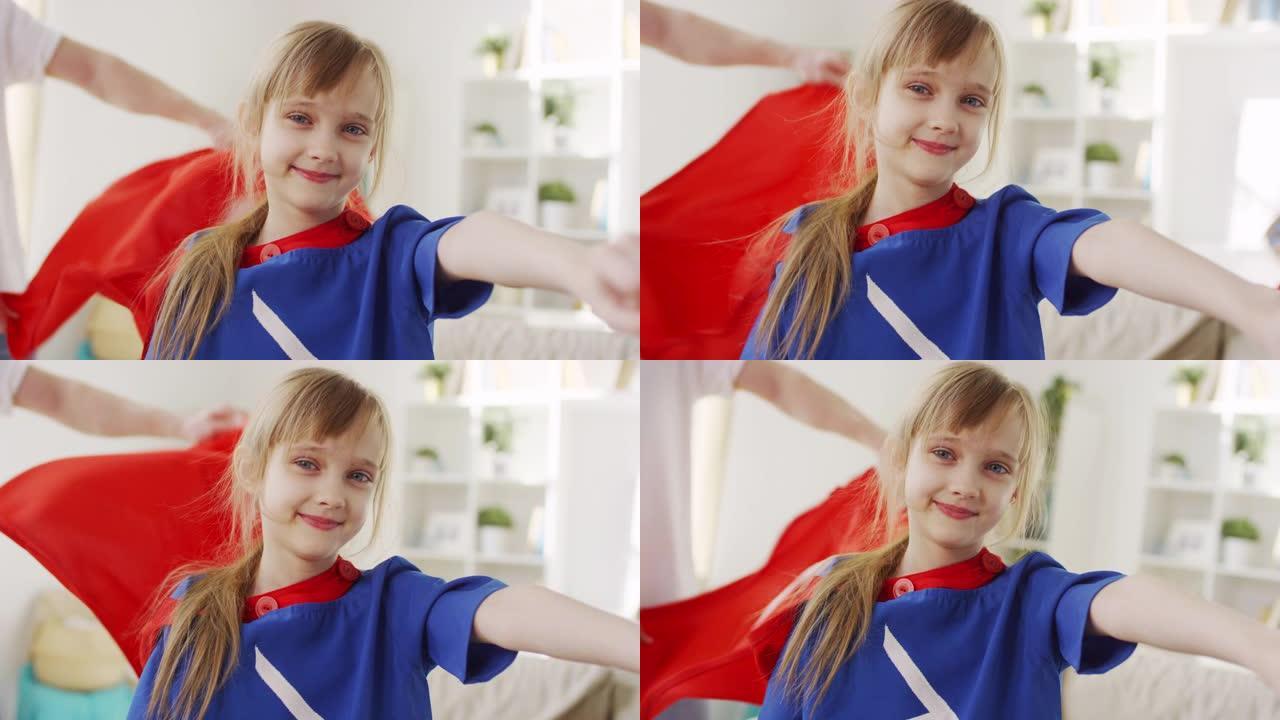 模仿超级英雄飞行的小女孩