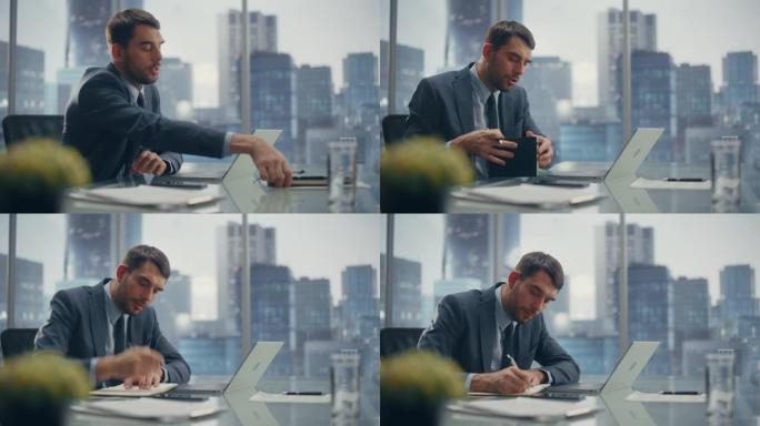 一位英俊的经验丰富的商人在现代办公室与客户进行视频通话的肖像。与合作伙伴，同事，家人或朋友在笔记本电