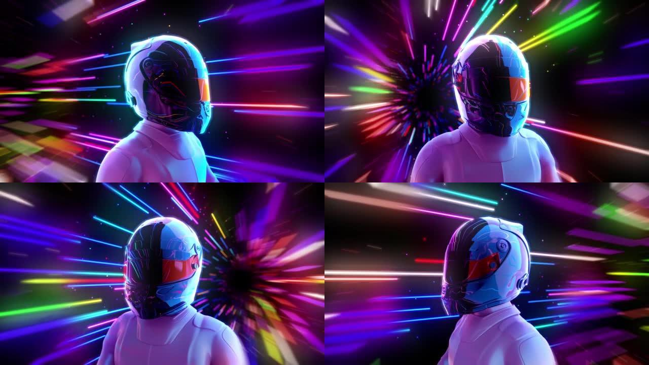 一位戴着头盔的未来派赛车手，侧面对着彩灯的条纹