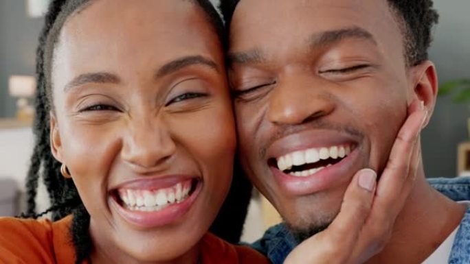 爱，微笑和黑人夫妇笑着庆祝好消息，快乐和积极。非裔美国妇女触摸丈夫的脸的特写画像，在亲密和放松的同时