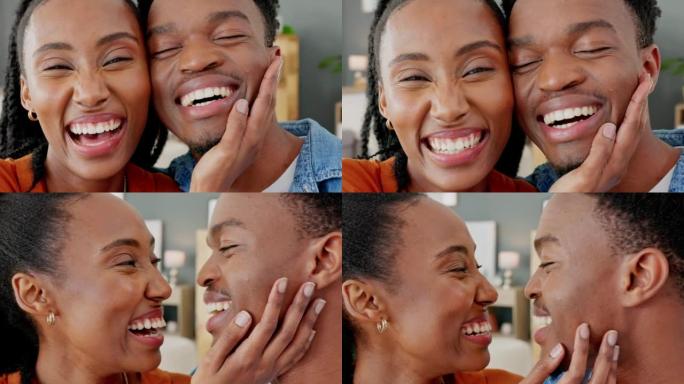 爱，微笑和黑人夫妇笑着庆祝好消息，快乐和积极。非裔美国妇女触摸丈夫的脸的特写画像，在亲密和放松的同时