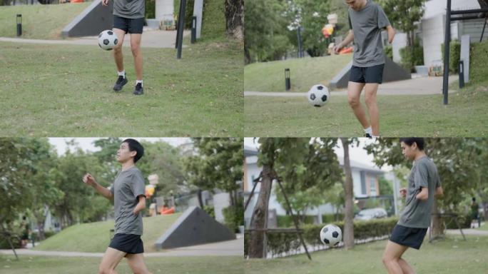 亚洲足球运动员在训练中练习足球。