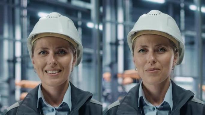 垂直屏幕。汽车厂办公室: 戴着安全帽的女总工程师的肖像看着相机，微笑着。自动化机械臂装配线制造高科技