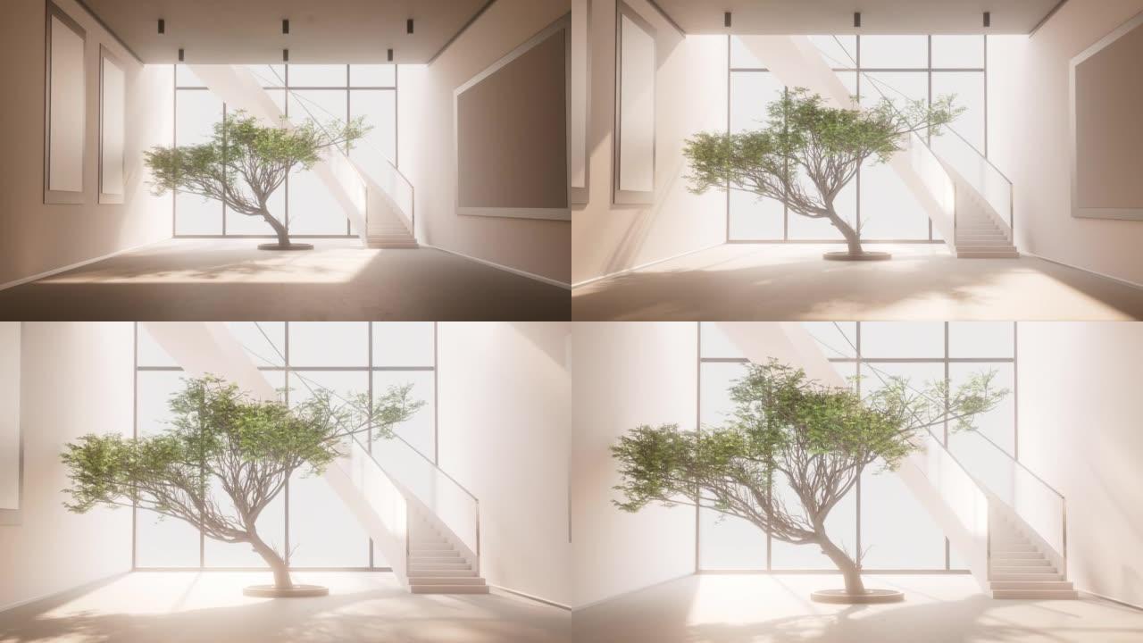 用现代设计放大3D渲染白色房间中的一棵树