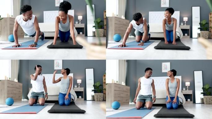 黑人夫妇在卧室里用瑜伽垫锻炼身体，健康和健身。快乐、健康、非洲的男人和女人在地板上在家训练或做运动。