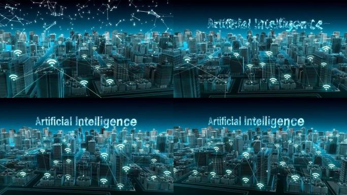智能城市上的无线智能传感器图标，连接 “人工智能” 技术。蓝色x射线鸟瞰图。4k动画。
