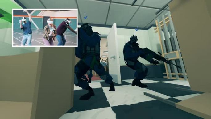 VR-shooter和一群游戏玩家在单独的显示器上。增强现实，未来派游戏技术，虚拟3D视频游戏概念。