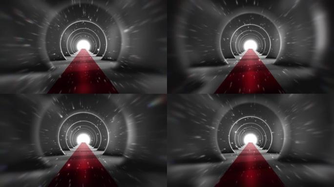在慢动作中穿越未来主义隧道 (可循环) 抽象3D动画。照明走廊的概念，室内设计，宇宙飞船，科学，技术