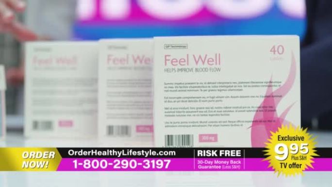 电视节目产品信息广告: 带有保健医疗补充剂的模拟包装盒。展示美容膳食维生素产品。播放电视商业广告。静