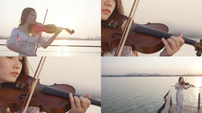 海边小提琴拉小提琴青年音乐家美女小提琴
