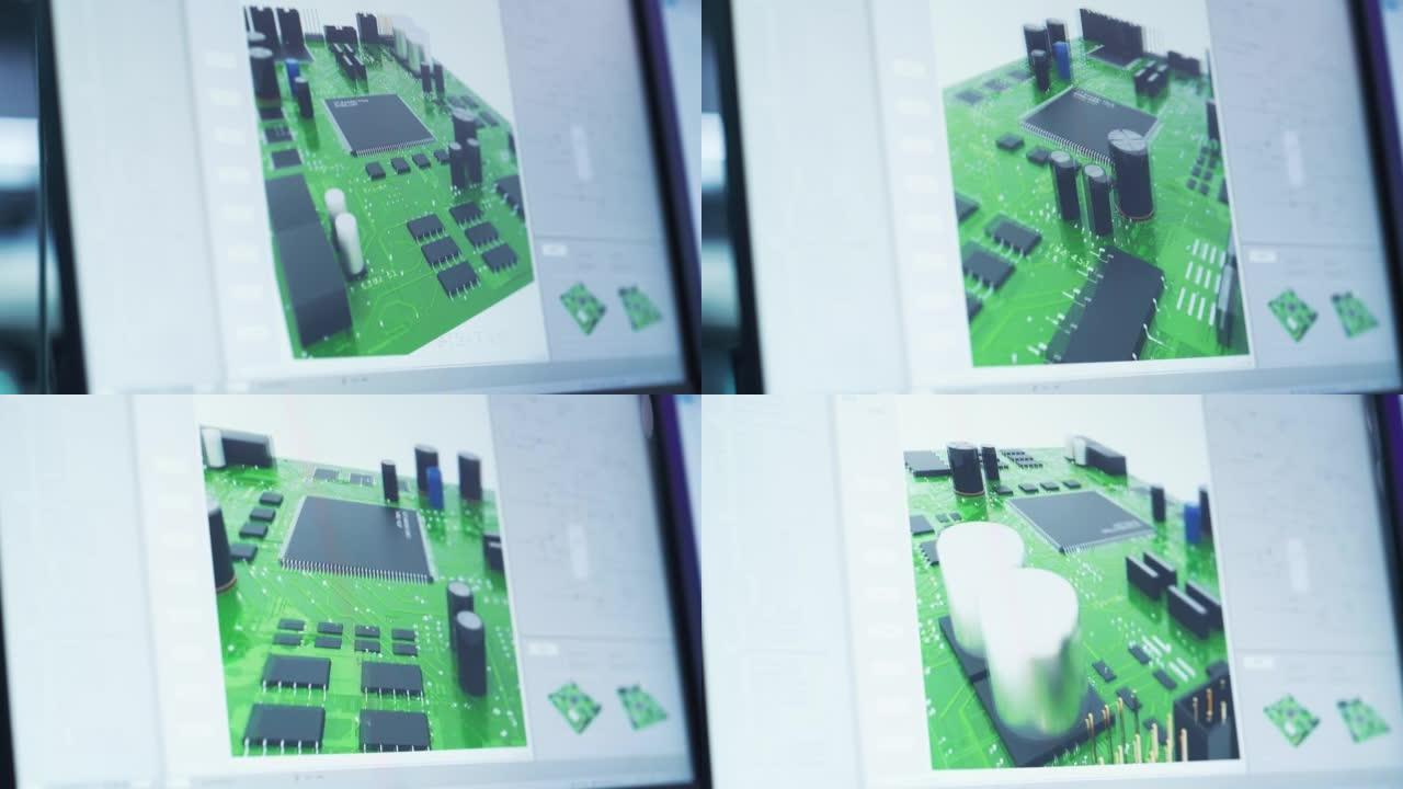 带有3D cad软件接口的计算机显示器的特写镜头，并设计了数字电子电路主板。现代工厂工程师的办公理念
