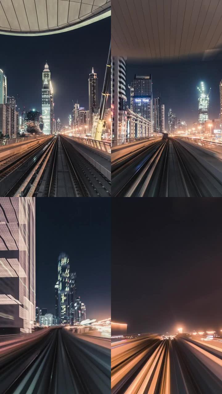 晚上乘坐地铁穿过迪拜市中心/阿联酋迪拜