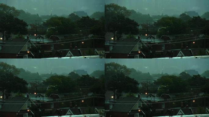 在大雷雨中建立城市的镜头。