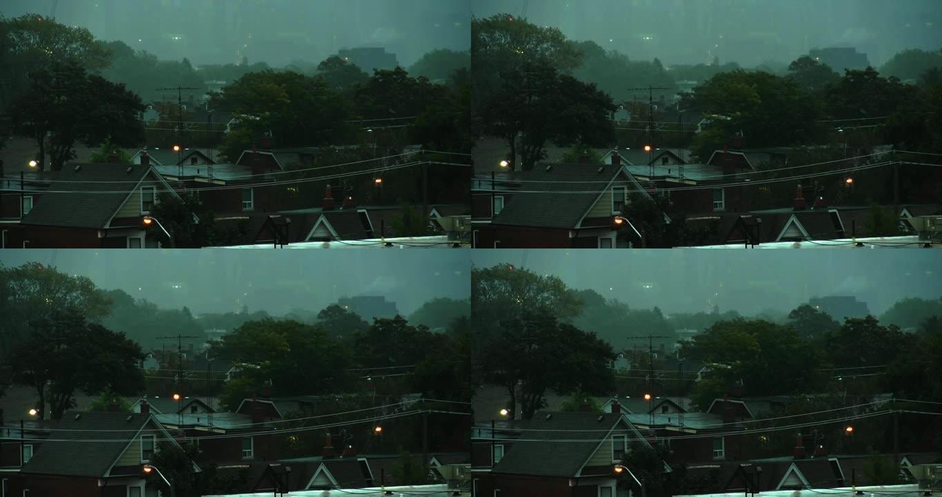 在大雷雨中建立城市的镜头。