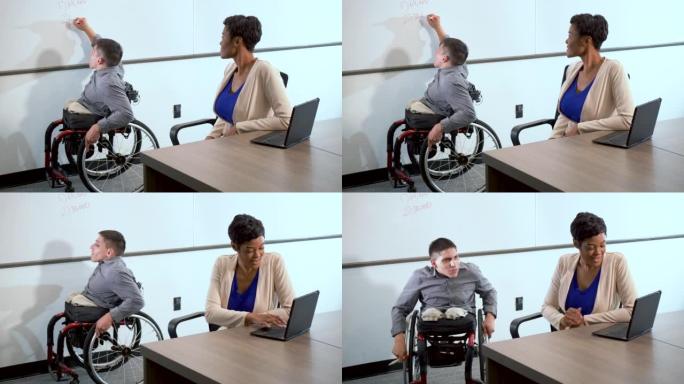坐轮椅的男人，商务会议的女人，白板