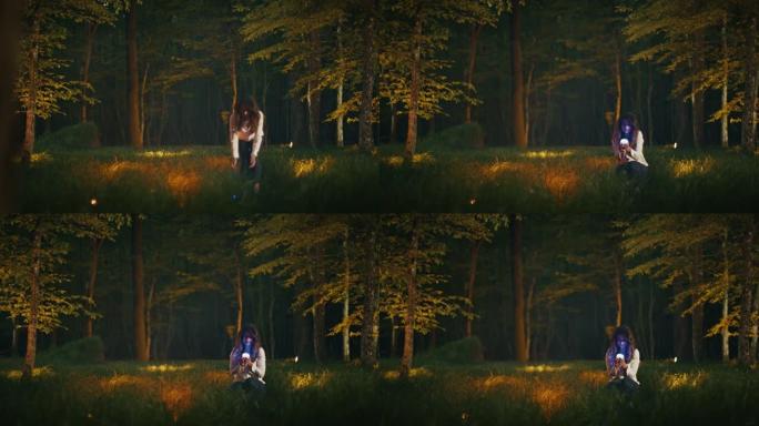 SLO MO女人晚上在森林里散步时，在高高的草丛中捡起蓝光
