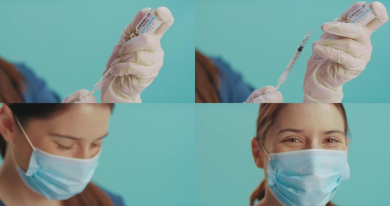 一名护士戴着口罩，使用注射器抽取Covid疫苗的4k视频片段
