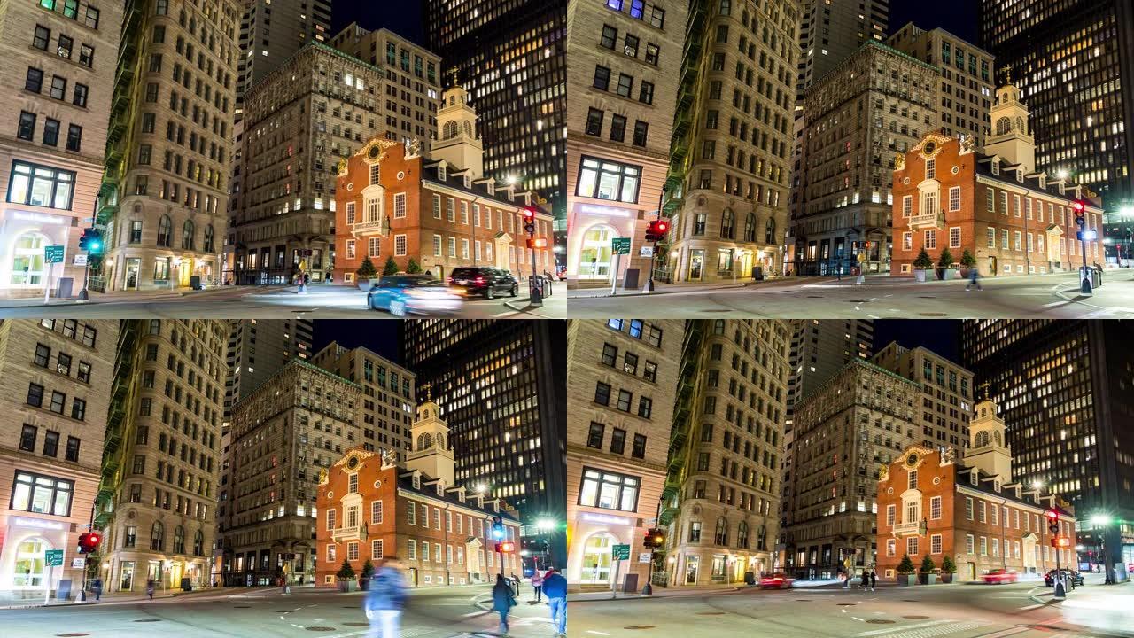 4K超高清延时:日落时分波士顿市中心波士顿旧州大厦的交通和行人