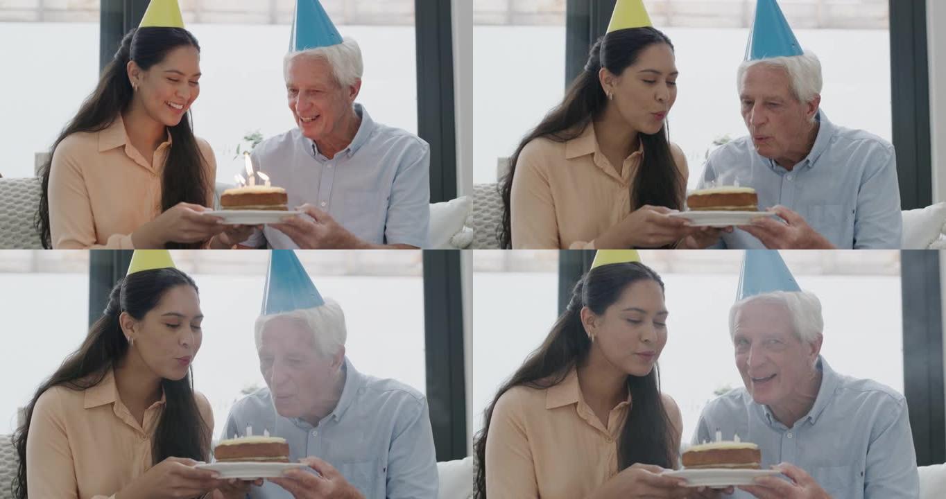 一个成熟男人在生日蛋糕上吹蜡烛的4k视频片段