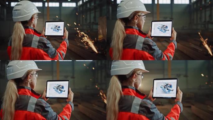 专业的重工业工程师使用平板电脑进行增强现实渲染，并带有交互式涡轮发动机蓝图。在金属制造仓库工作的女性