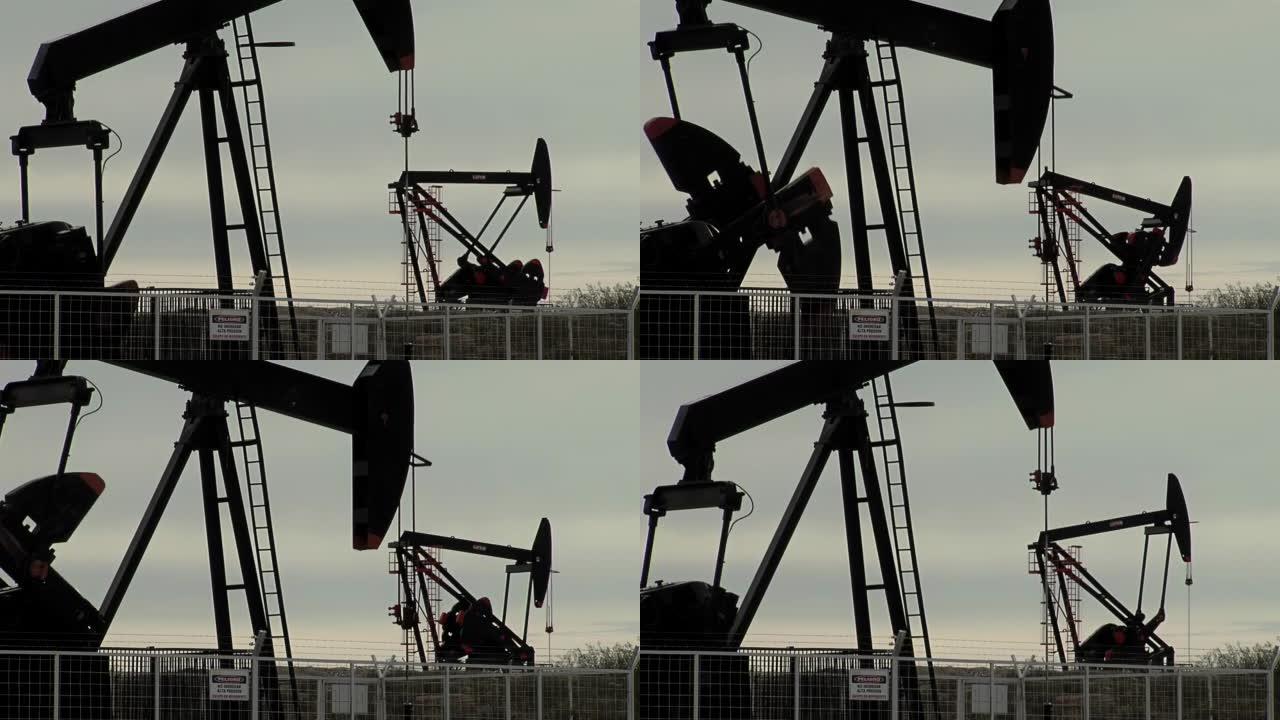 Pumpjacks从阿根廷巴塔哥尼亚北部内乌肯盆地的一个油田中提取石油。