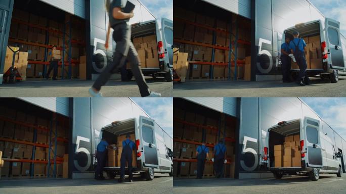 物流配送仓库之外，有不同的工人团队用纸板箱装载送货卡车。专业快递在线订单，采购，电子商务商品