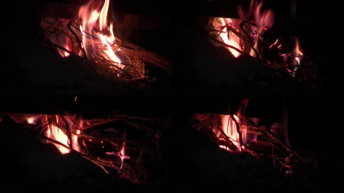 漆黑的夜晚，荒野中温暖而舒适的篝火。