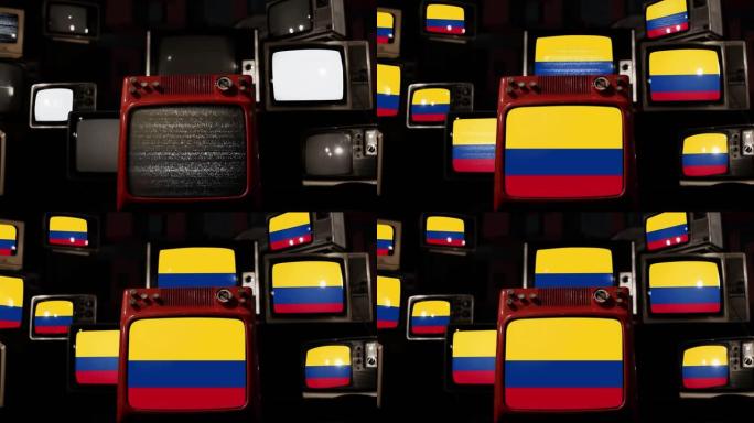 哥伦比亚国旗和老式电视。4k分辨率。