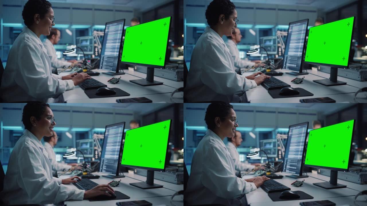 现代电子设施: 女科学家，工程师在模拟绿色色度键屏幕计算机上工作。工业PCB、硅微芯片、半导体、设备