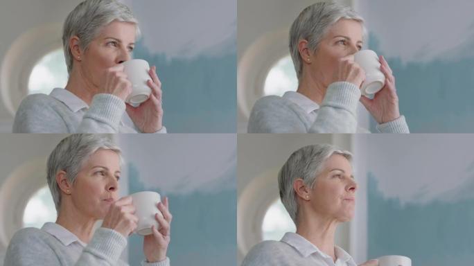 快乐的成熟女人在家喝咖啡，看着窗外享受退休生活方式，沉思着提前4k