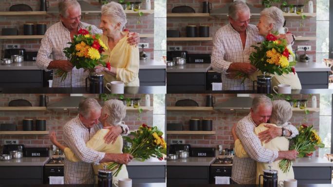 白人高级丈夫向妻子献花，拥抱和微笑