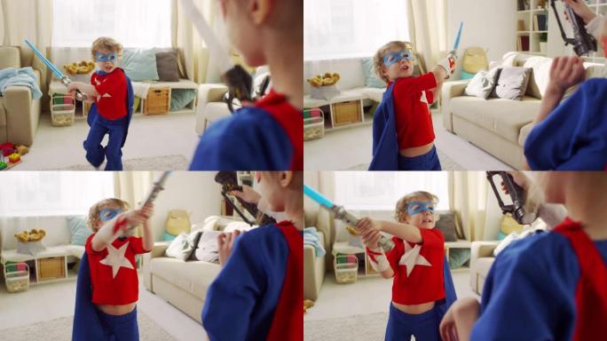 超级英雄儿童与激光剑战斗