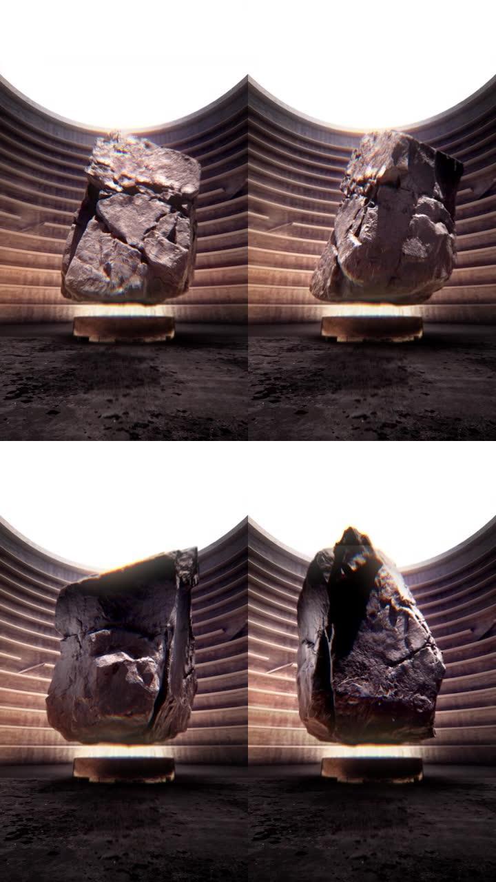 3D模型奇妙的悬浮巨石在一个圆形房间的底部被照亮