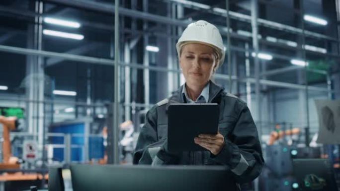 汽车厂办公室: 带平板电脑的戴着安全帽监控生产输送机的女总工程师肖像。自动化机械臂装配线制造高科技电
