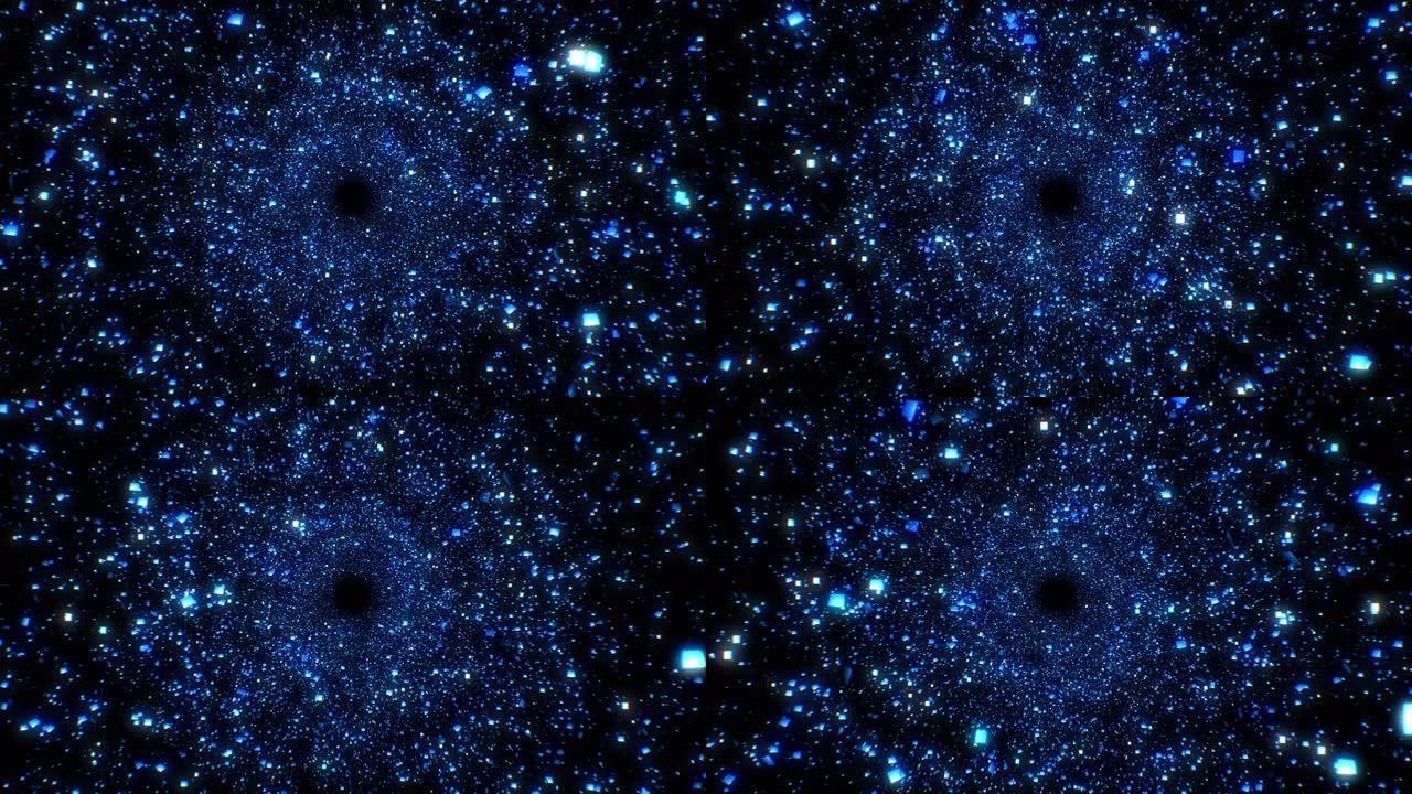 蓝色五彩纸屑闪烁明亮的黑色背景无缝。穿过由闪闪发光的粒子组成的抽象隧道，循环3d动画。