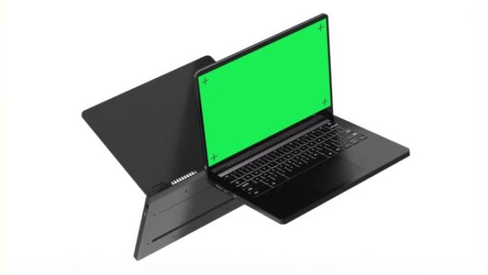 两台悬浮笔记本电脑，白底绿屏