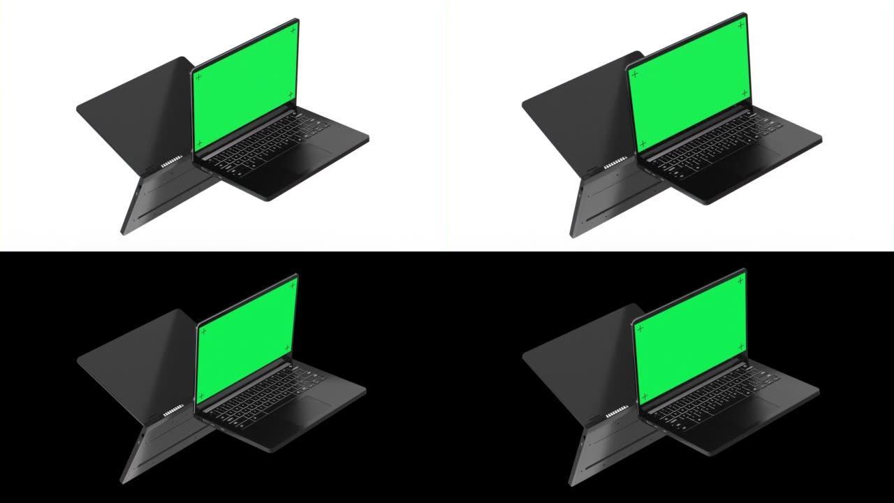 两台悬浮笔记本电脑，白底绿屏