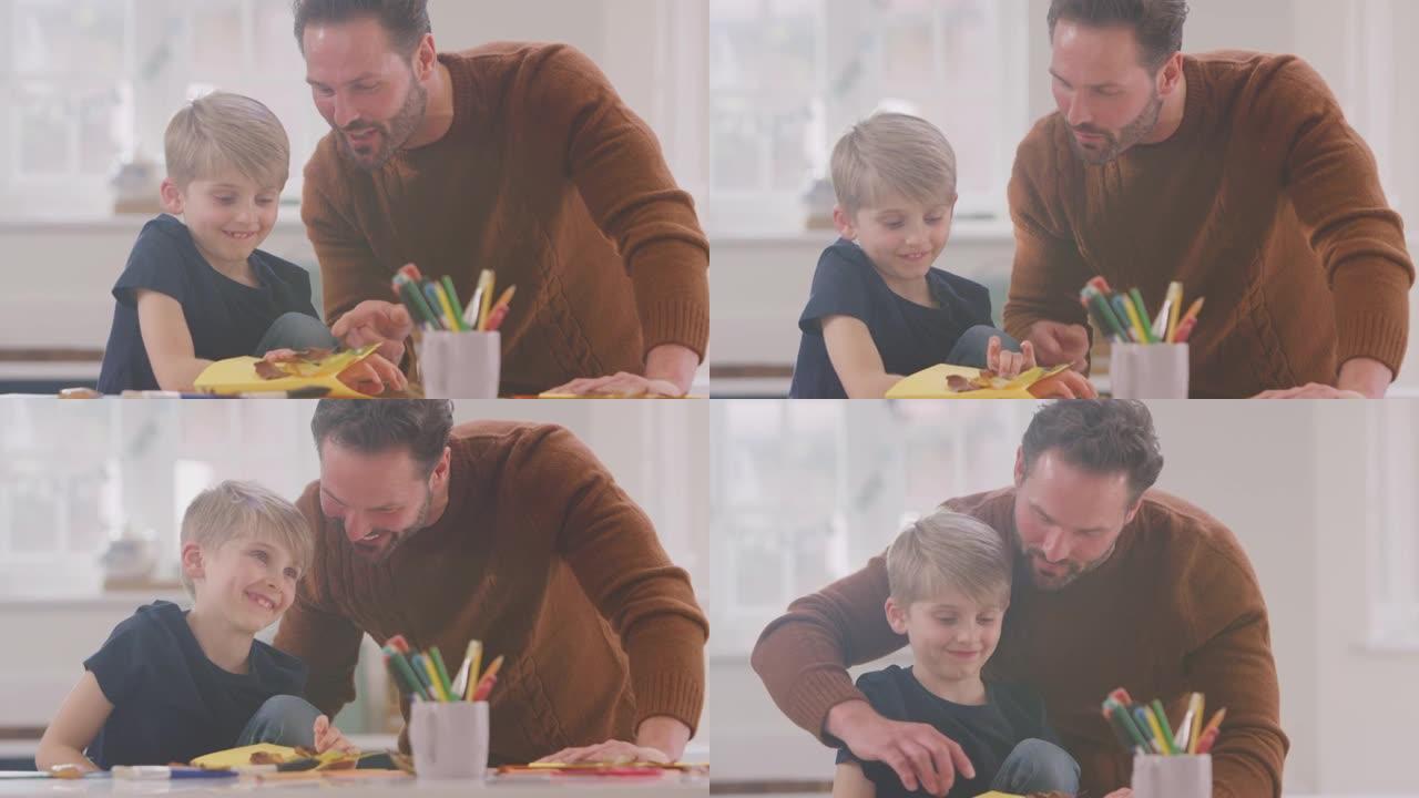父亲和儿子在家做工艺品，用厨房的树叶拍照