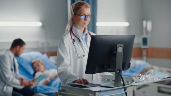 医院病房: 专业女医师使用医疗电脑。背景技术现代设备诊所外科医生使用平板电脑咨询病人在床上成功手术后