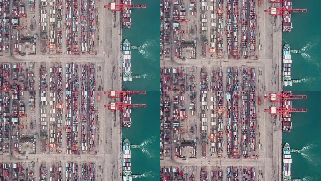 集装箱船繁忙工业港口的T/L泛无人机视点