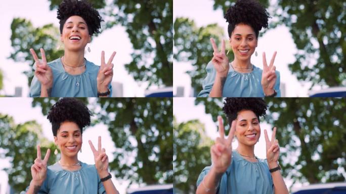 黑人妇女的脸和和平的手标志，户外自然微笑和乐趣，年轻和自由在纽约。青春，双手和v与肖像，幸福和积极的