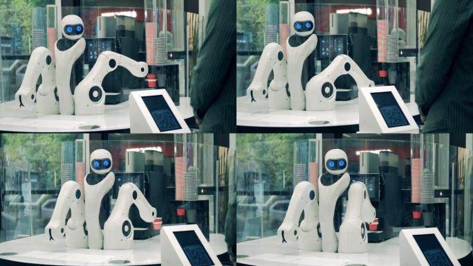 创新，现代技术理念。一位客户在咖啡馆里被机器人招待